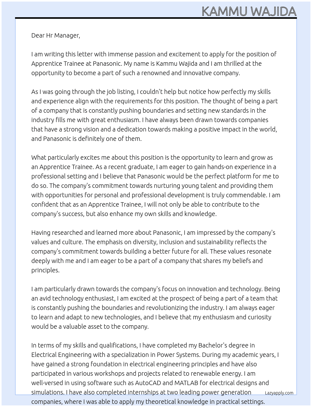 Apprentice Trainee At Panasonic Cover Letter