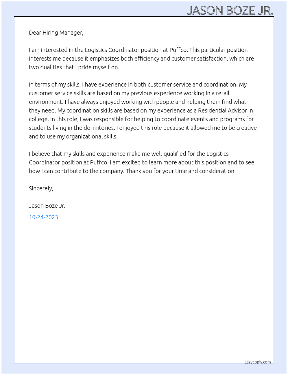 Logistics Coordinator At Puffco Cover Letter