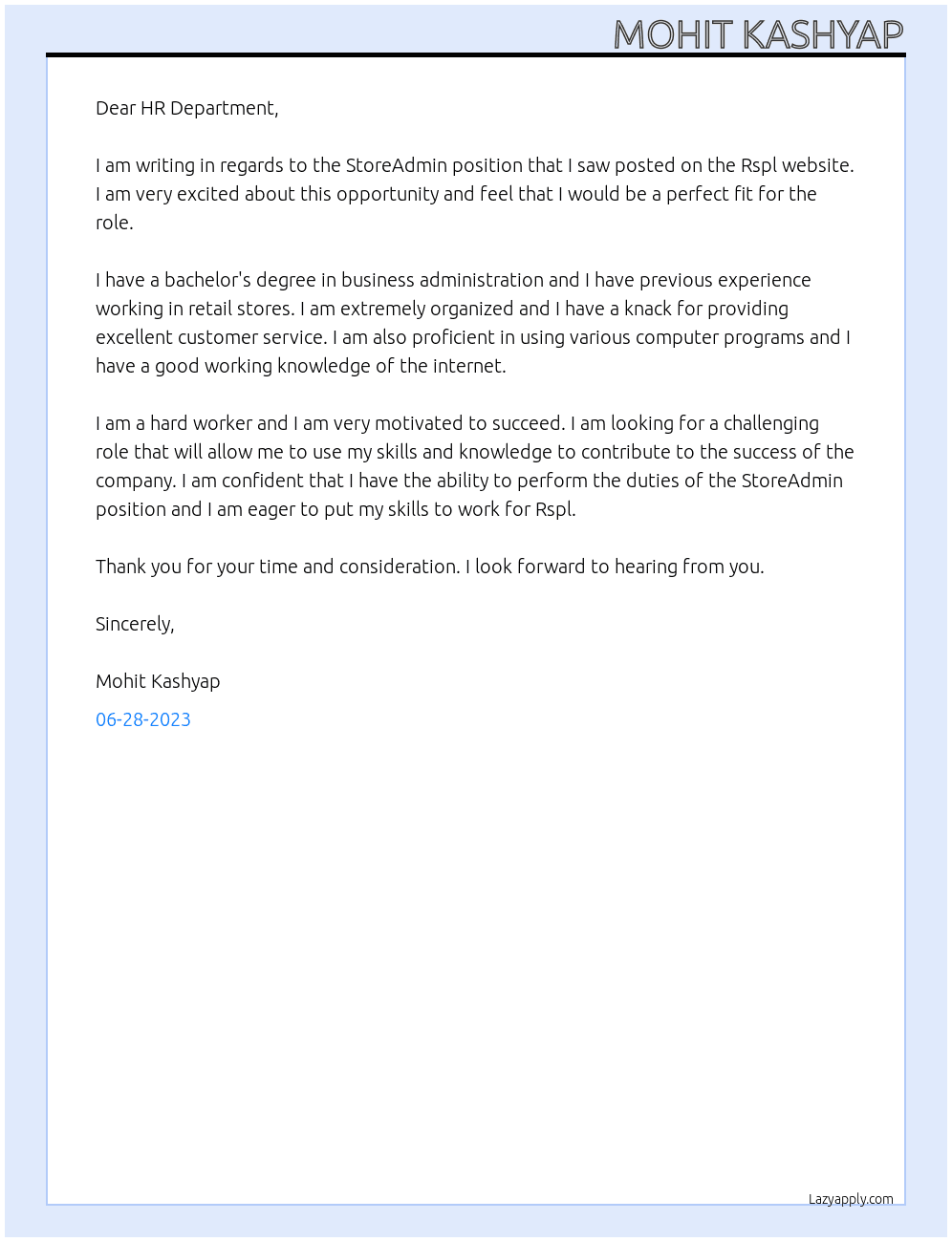 StoreAdmin  At Rspl Cover Letter