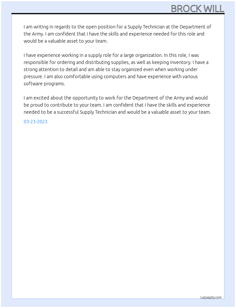 SupplyTechnician At Department of the Army Cover Letter