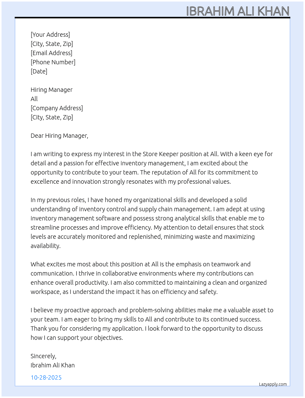 store keeper At All Cover Letter