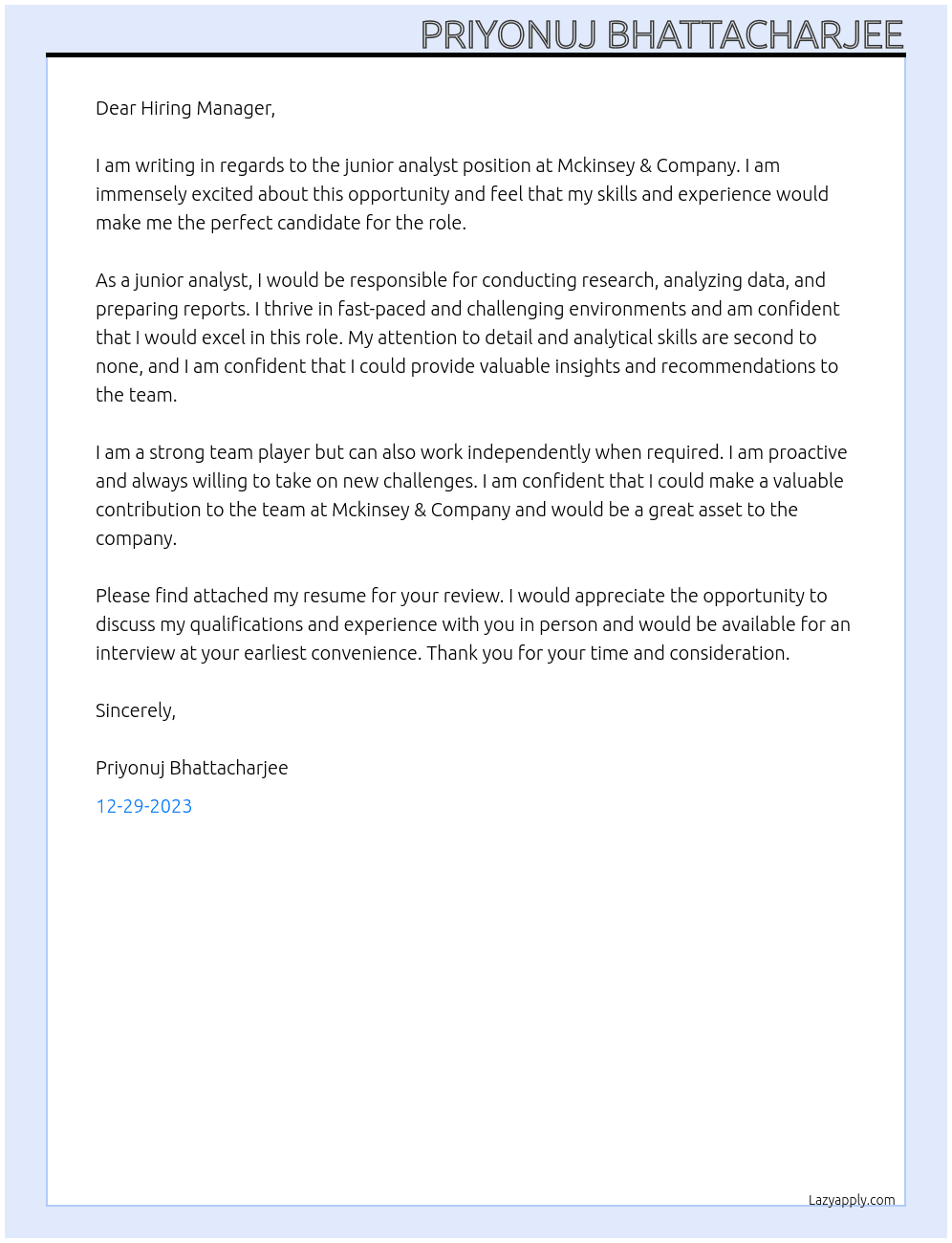 junior analyst At Mckinsey & Company Cover Letter