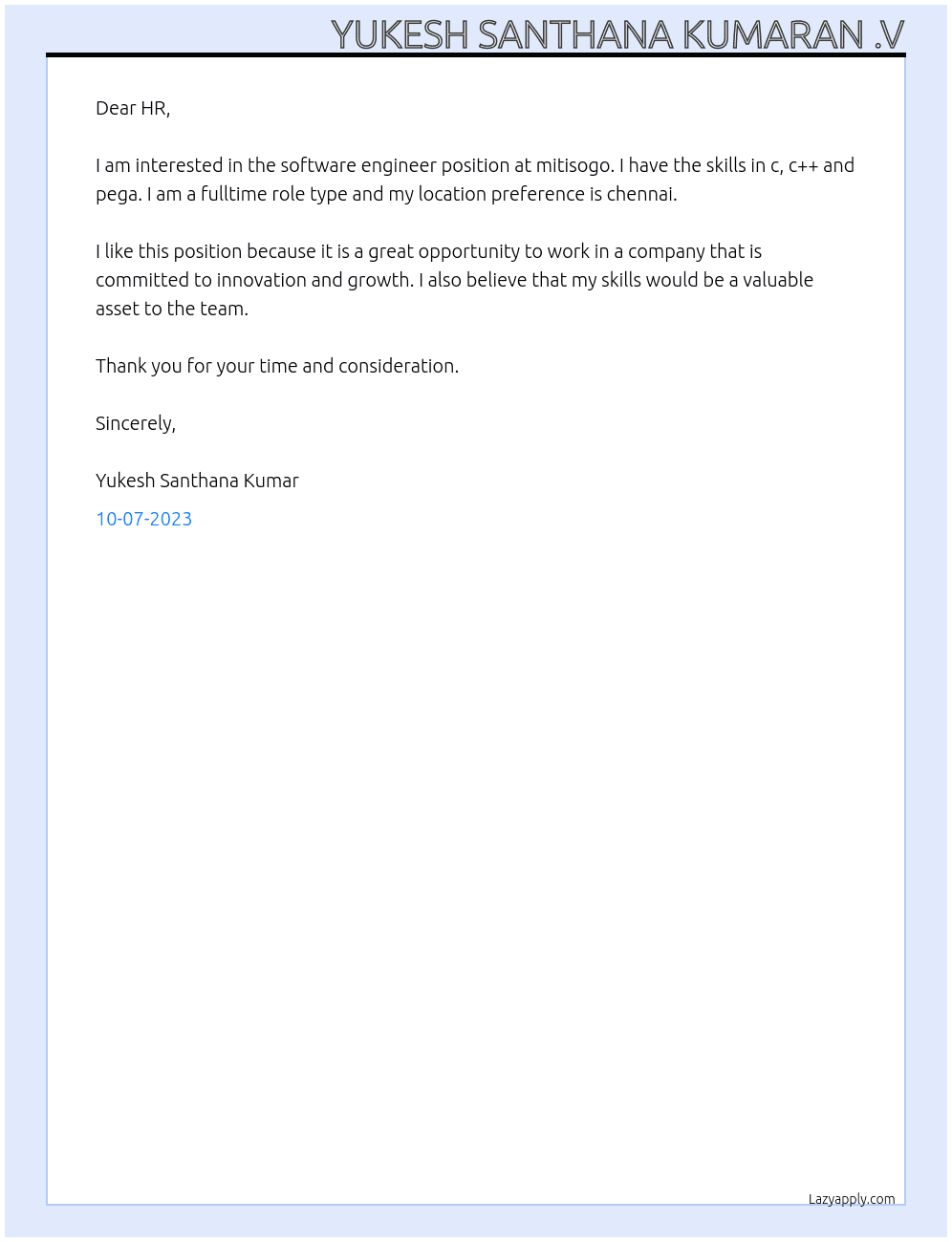 software engineers At mitisogo Cover Letter
