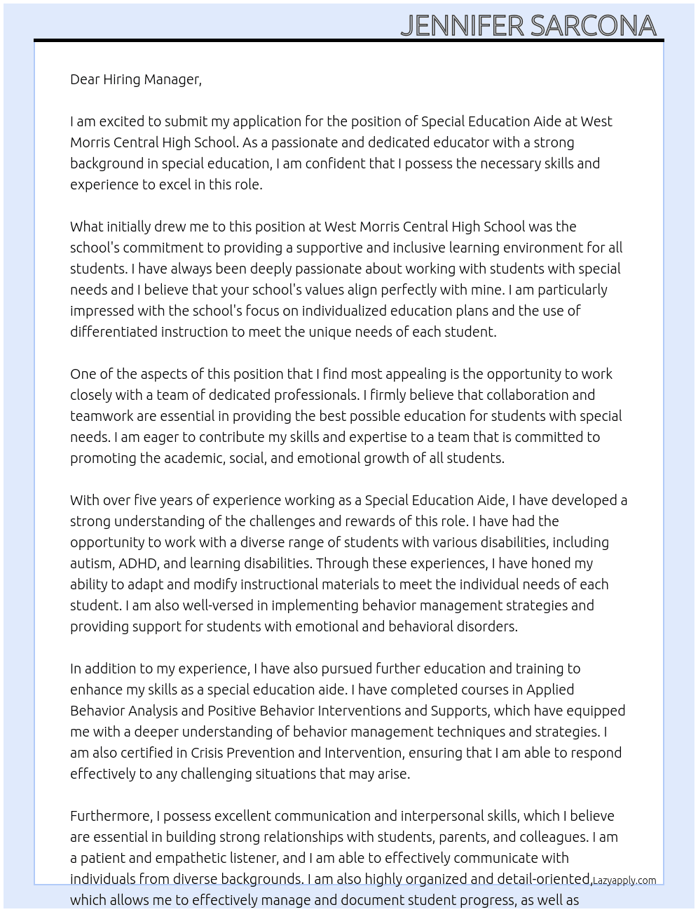 Special Education Aide At West Morris Central High School  Cover Letter