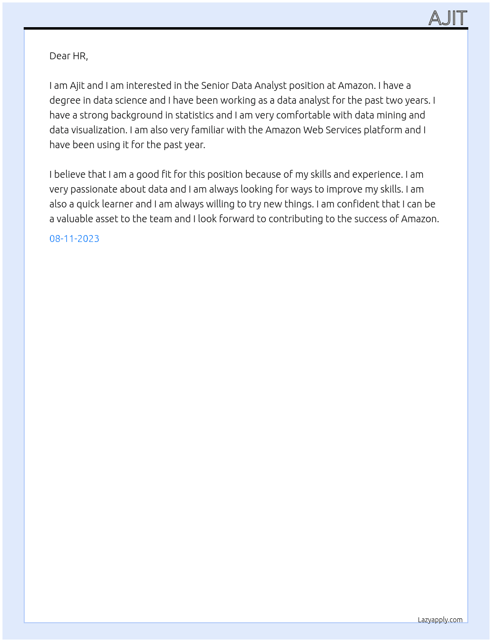 Senior Data Analyst At Amazon Cover Letter