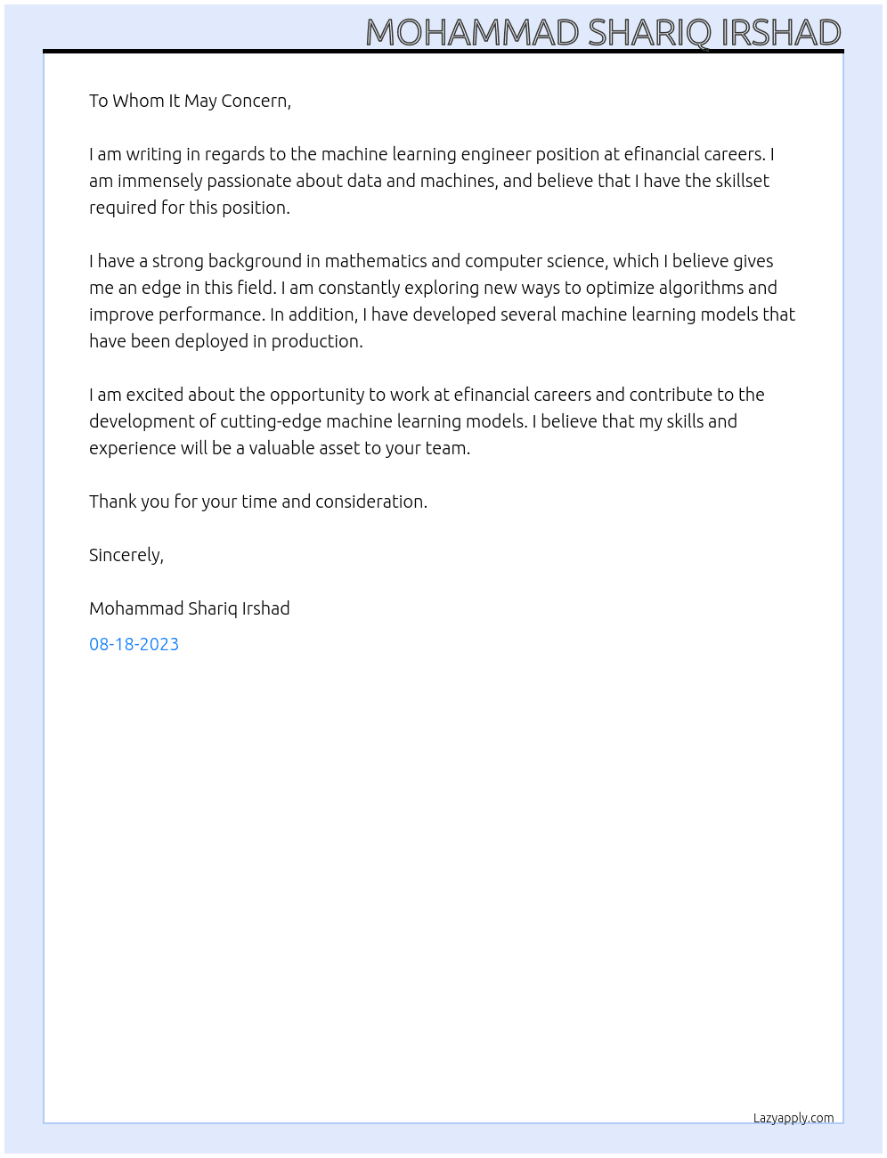 machine learning engineer At efinancial careers Cover Letter