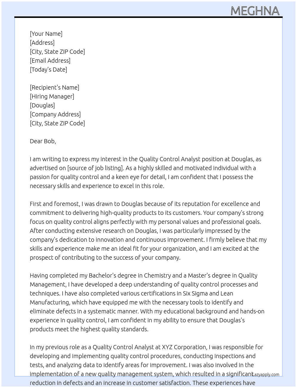 Quality Control Analyst At Douglas  Cover Letter