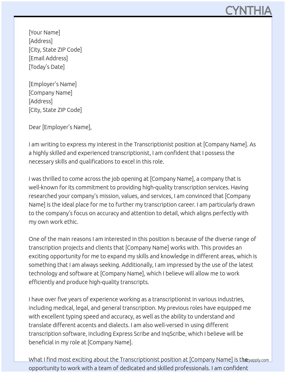 Transcriptionist At Yes Cover Letter