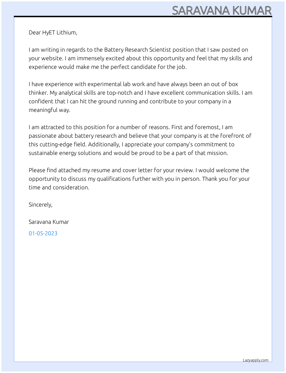 Battery Research Scientist At HyET Lithium Cover Letter