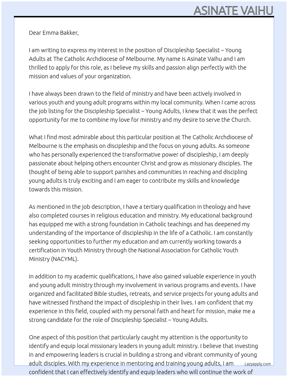 Discipleship Specialist – Young Adults At The Catholic Archdiocese of Melbourne Cover Letter