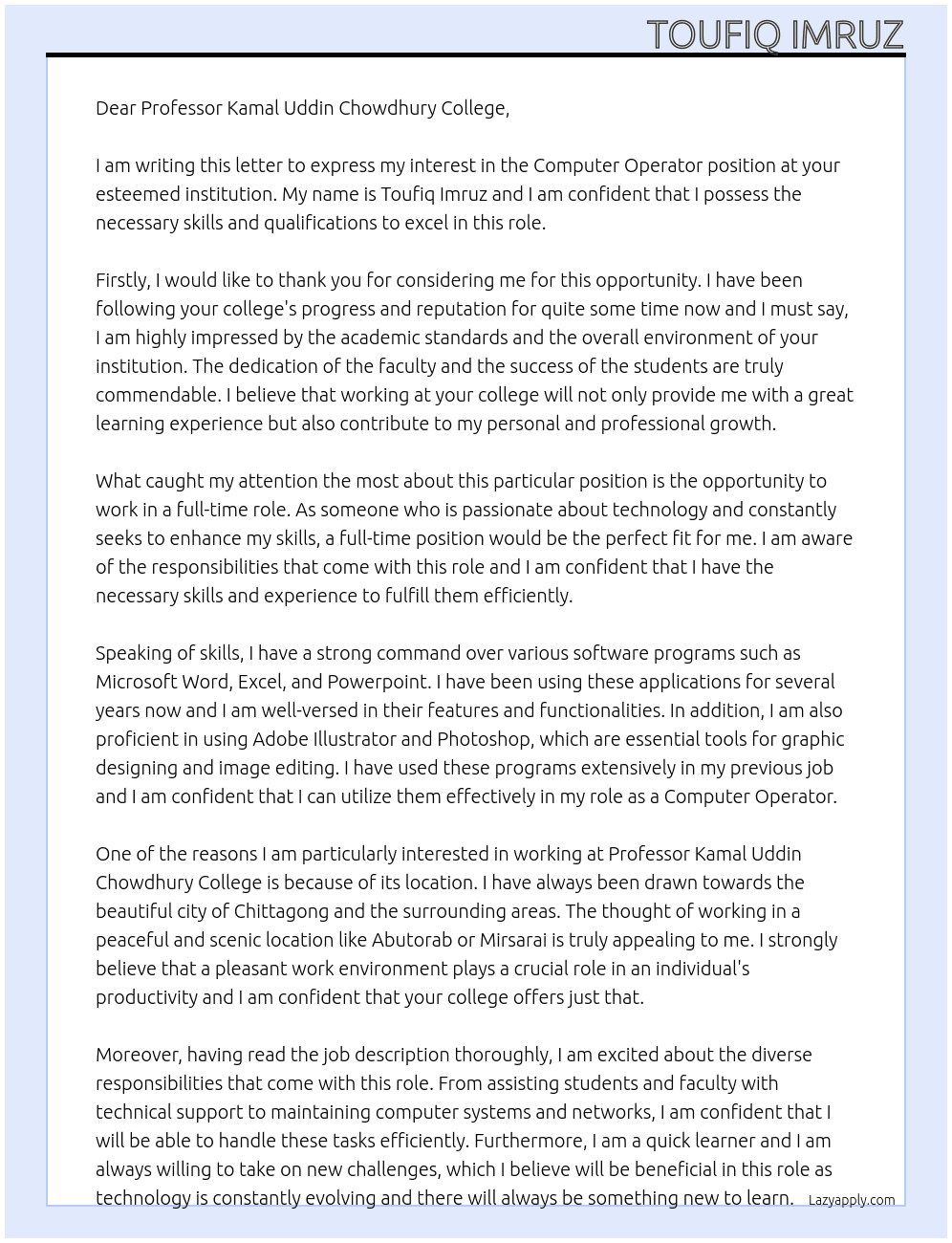 Computer Operator At Professor Kamal Uddin Chowdhury College Cover Letter