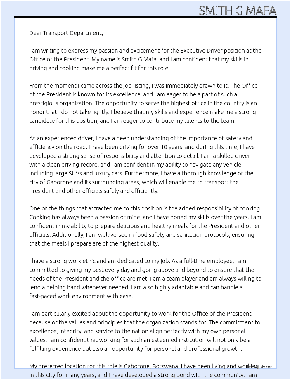 Executive dirver At Office Of The President Cover Letter