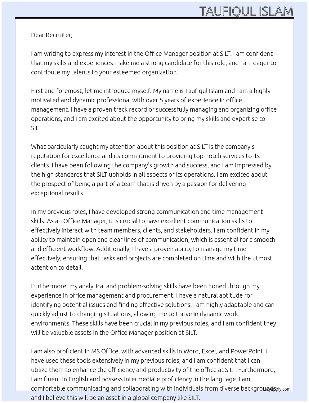 Office Manager At SILT Cover Letter