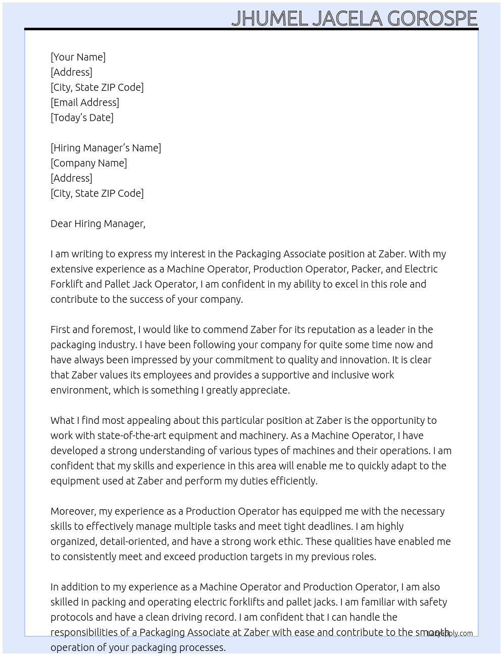 Packaging associates  At Zaber Cover Letter