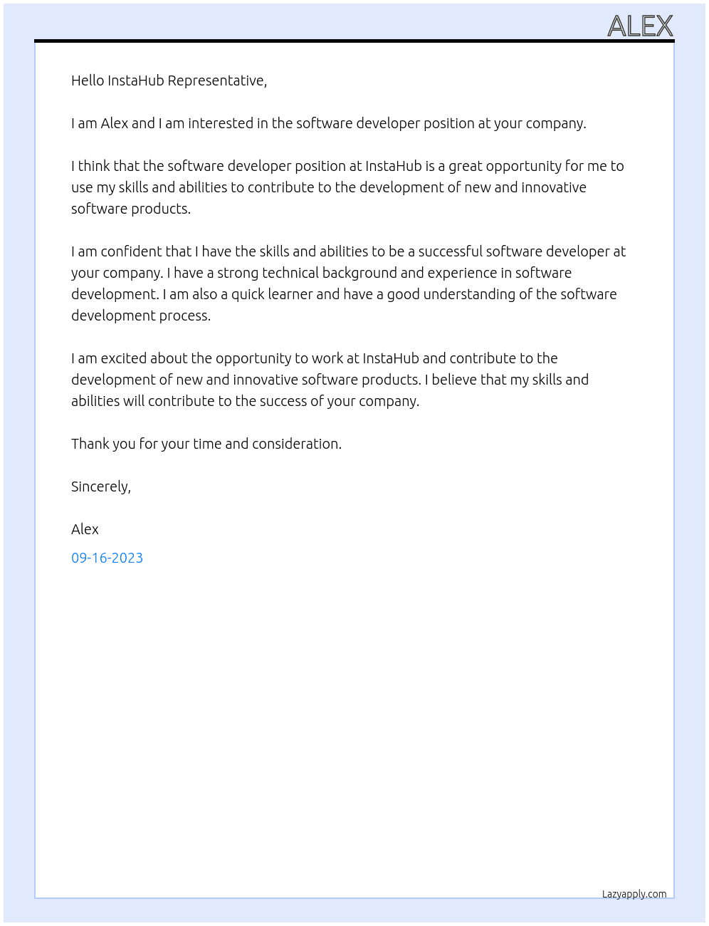 software developer At InstaHub Cover Letter