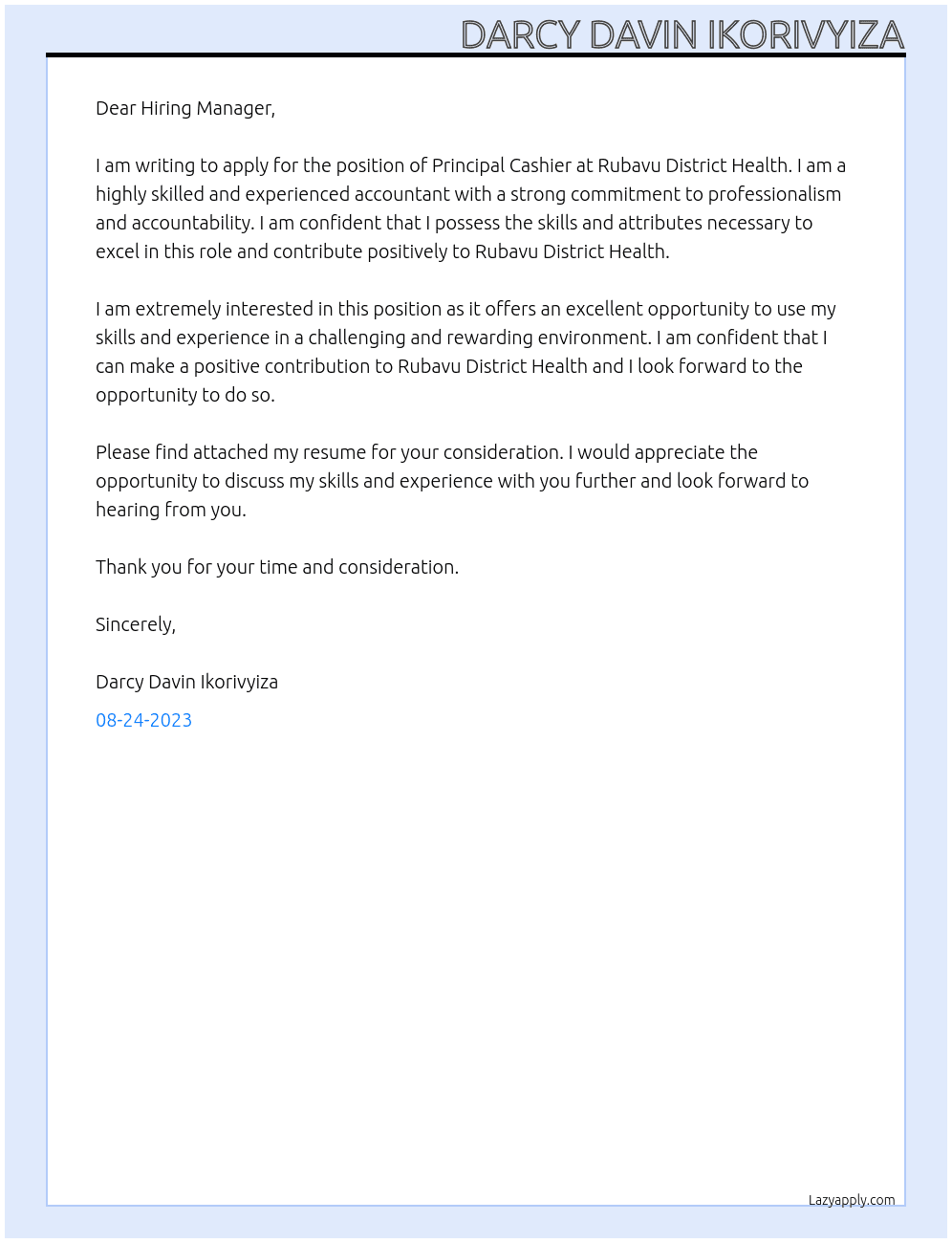 Principal Cashier At RUBAVU DISTRICT HEALTH Cover Letter