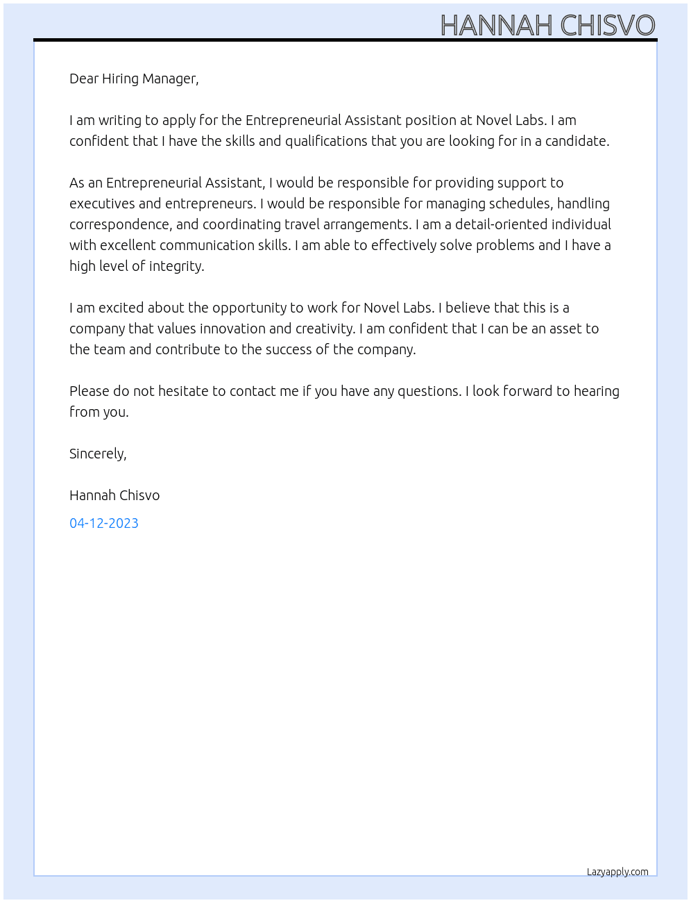 Entrepreneurial Assistant At Novel Labs Cover Letter
