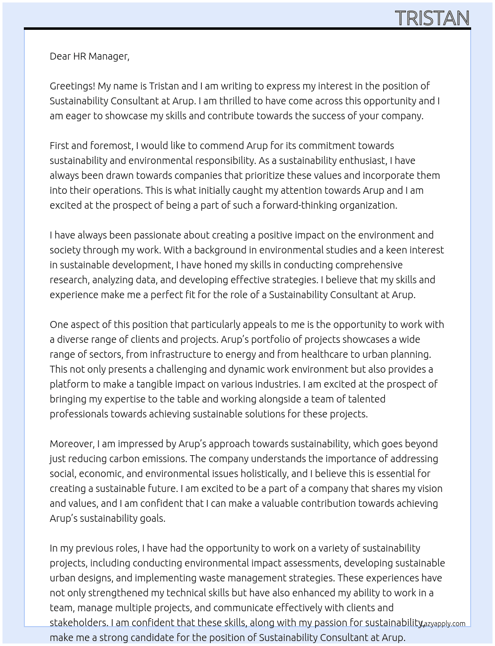 Sustainability Consultant At Arup Cover Letter