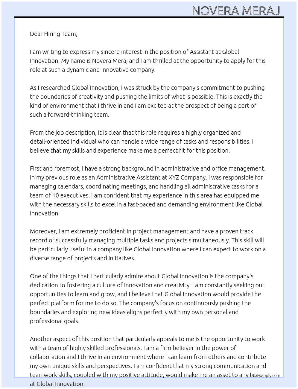 Assistant At GLOBAL INNOVATION  Cover Letter