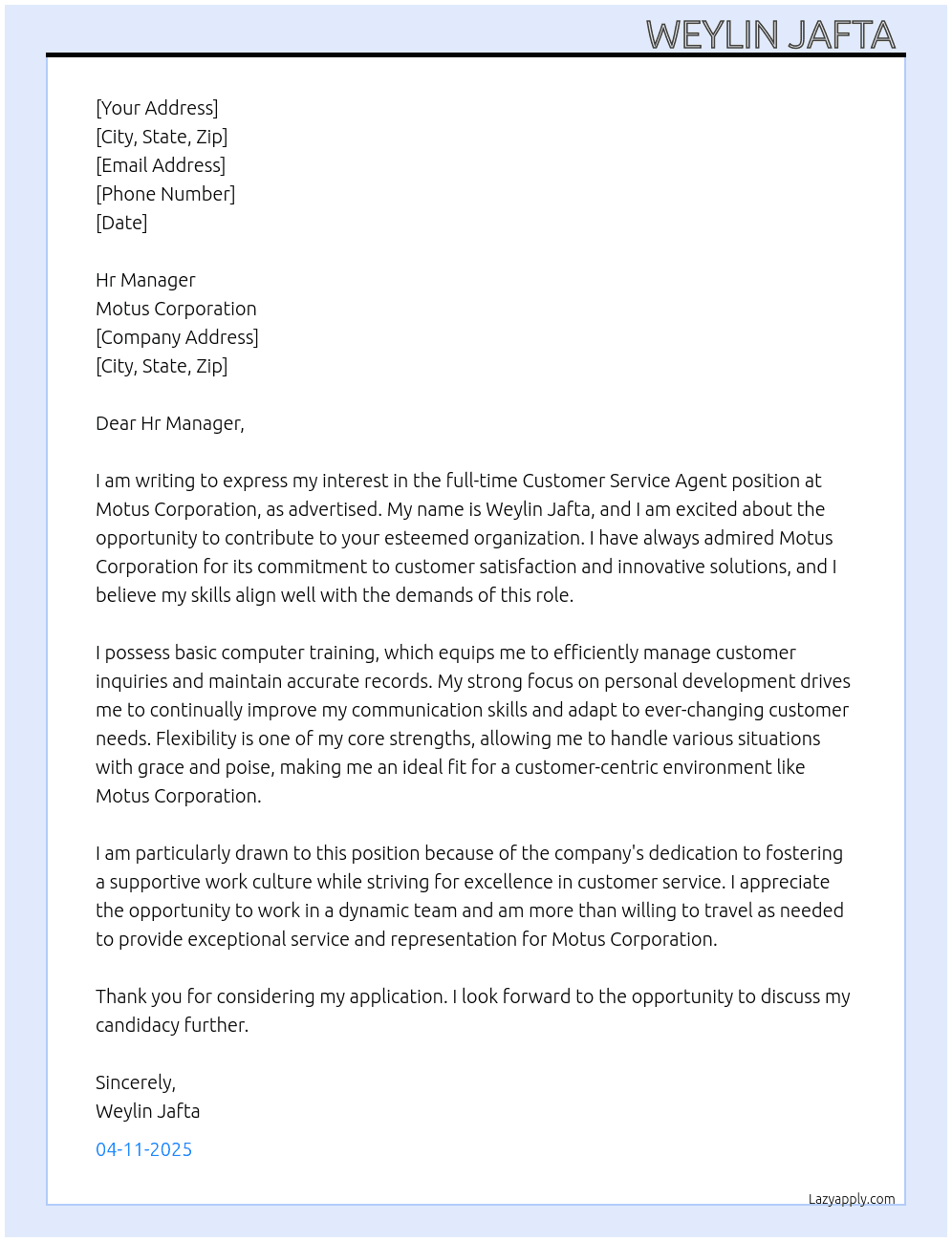 Cover letter for custom service agent - LazyApply