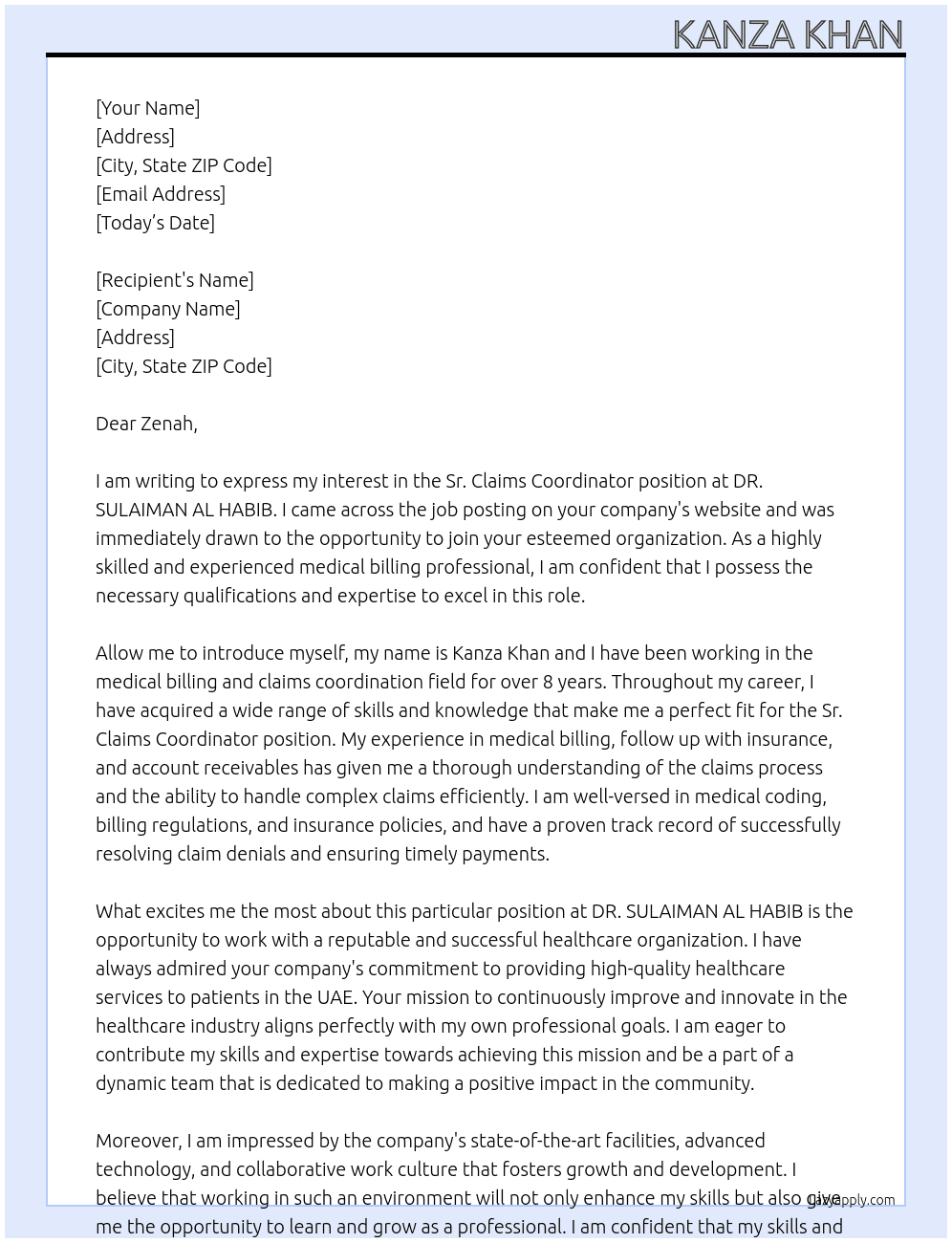 Sr. Claims Coordinator  At DR. SULAIMAN AL HABIB Cover Letter