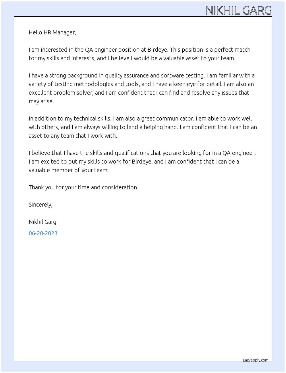 Qa engineer At Birdeye Cover Letter