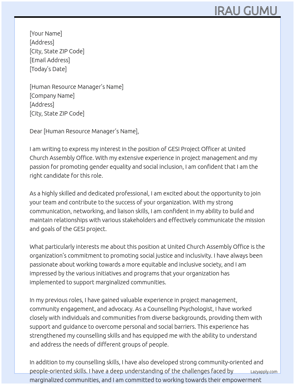 GESI Project Officer  At United Church Assembly Office Cover Letter