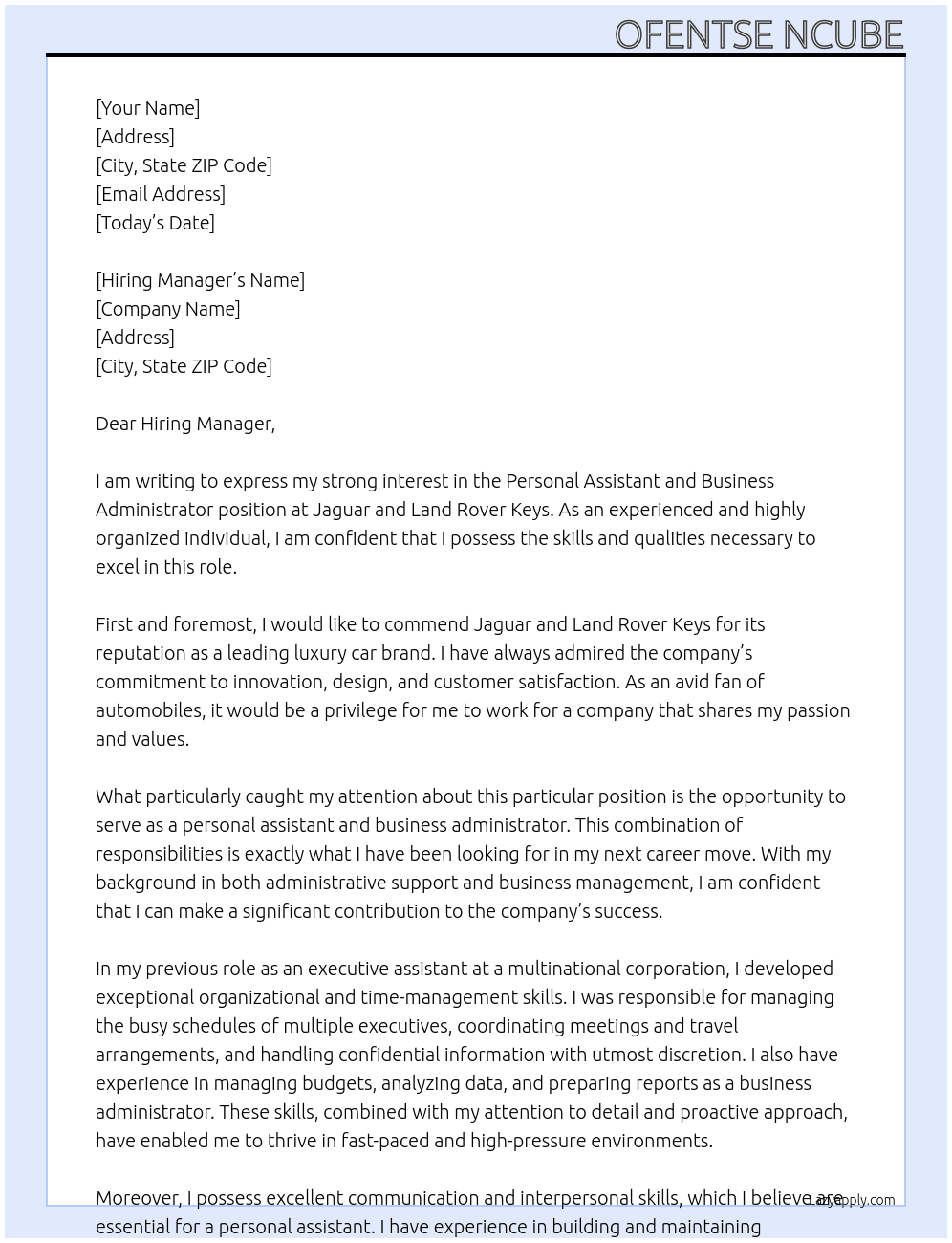 Personal assistant and business administrator  At Jaguar and Landrover keys Cover Letter