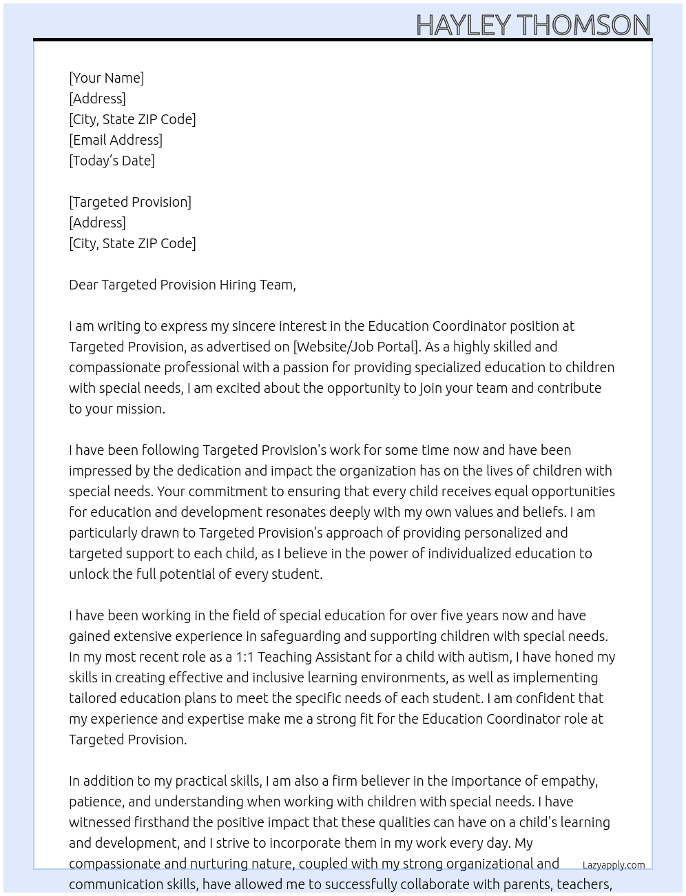 Education coordinator  At Targeted Provision  Cover Letter