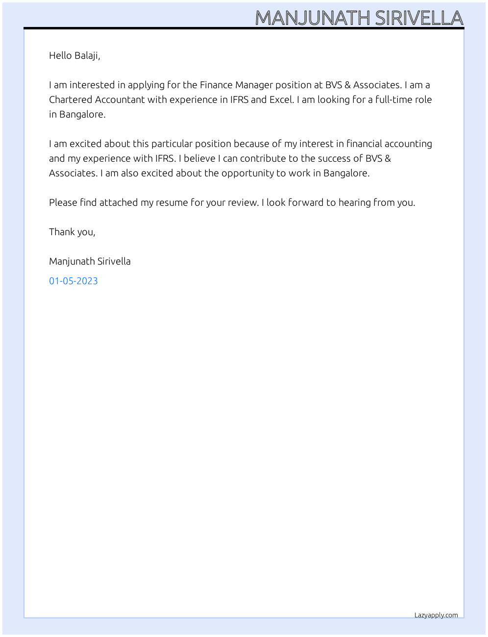 Finance Manager At BVS & Associates Cover Letter