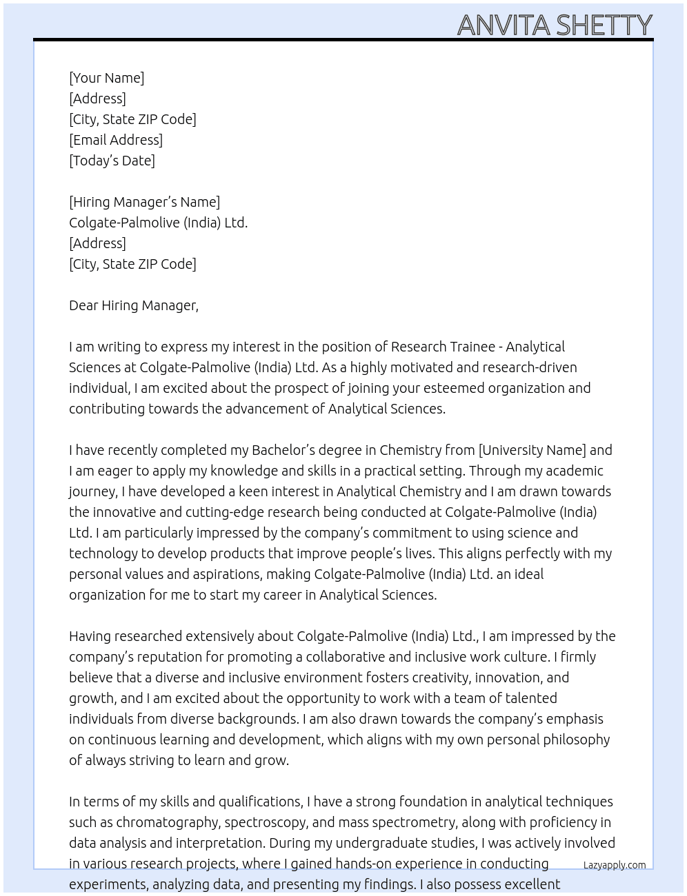Cover letter for research trainee - analytical sciences - LazyApply