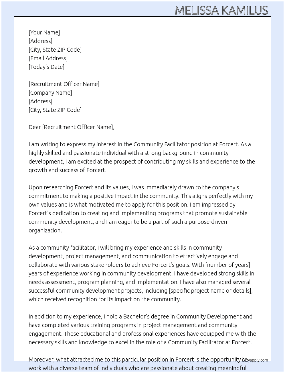 Community Facilitator  At Forcert Cover Letter