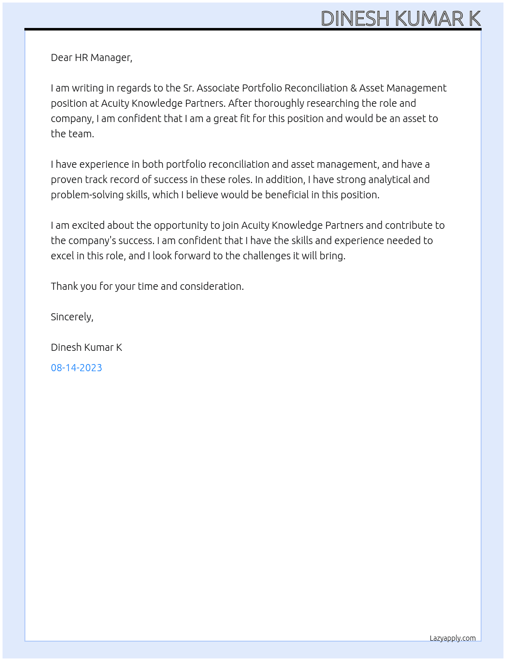 Sr. Associate Portfolio Reconciliation & Asset Management At Acuity Knowledge Partners Cover Letter