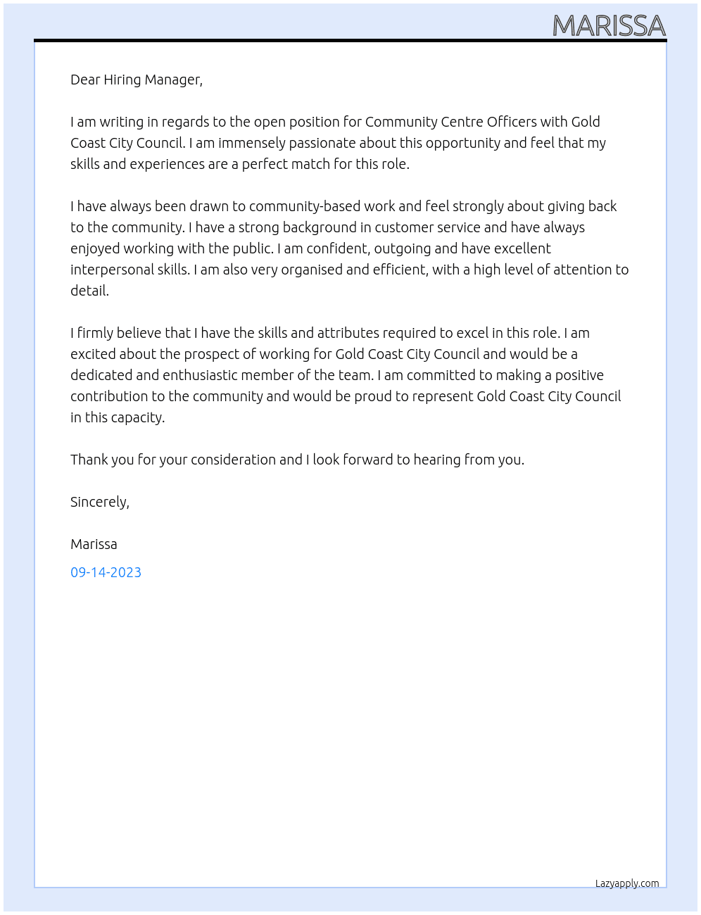 Community Centre Officers At Gold Coast City Council Cover Letter