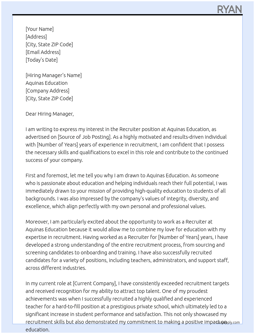 Recruiter At Aquinas Education Cover Letter