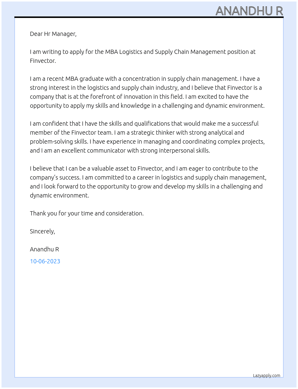 MBA LOGISTICS AND SUPPLY CHAIN MANAGEMENT At FINVECTOR Cover Letter