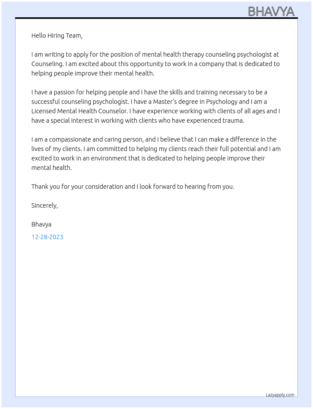 Mental health therapy counseling psychologist  At Counseling  Cover Letter