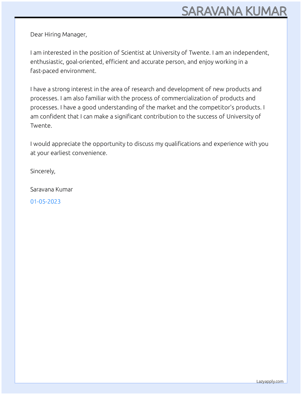 Scientist At University of Twente Cover Letter