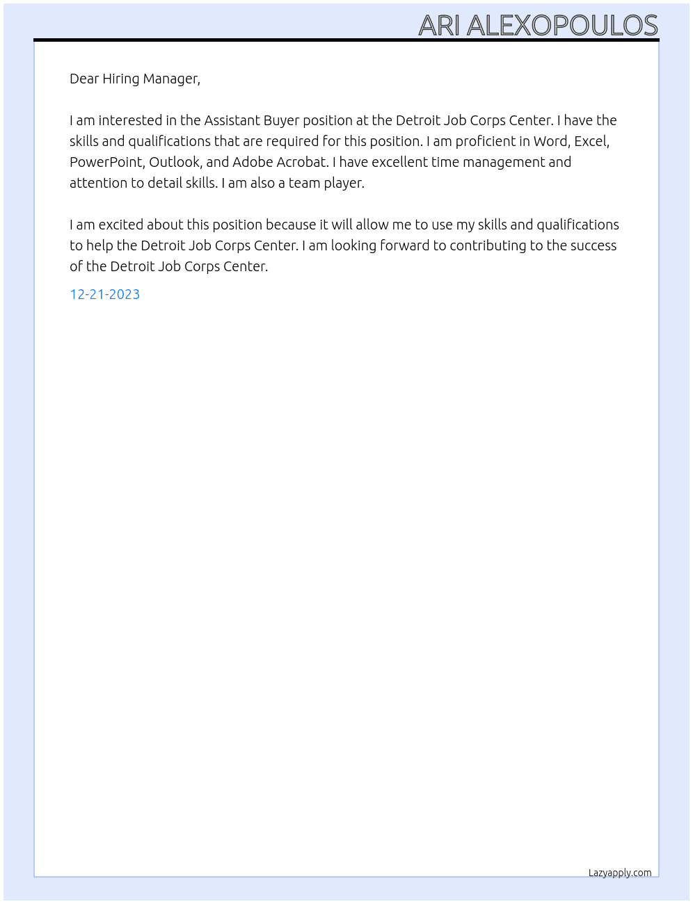 Assistant Buyer At Detroit Job corps Center Cover Letter
