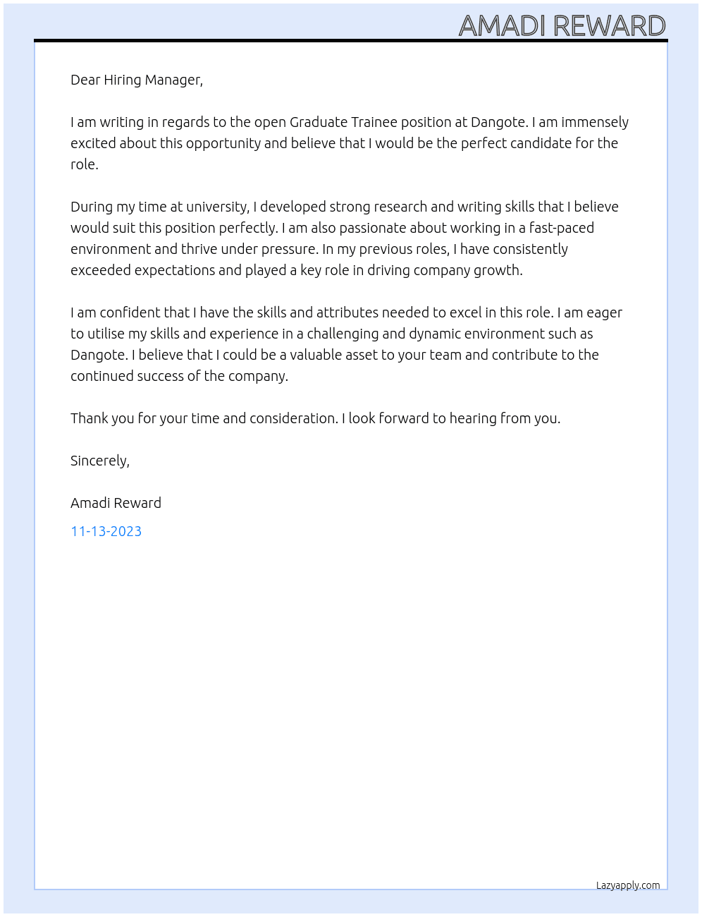 Graduate trainee  At Dangote  Cover Letter