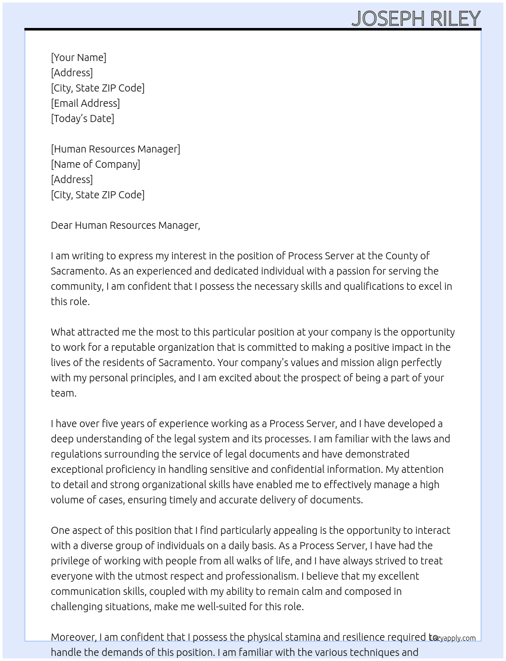 Process Server At County of Sacramento Cover Letter