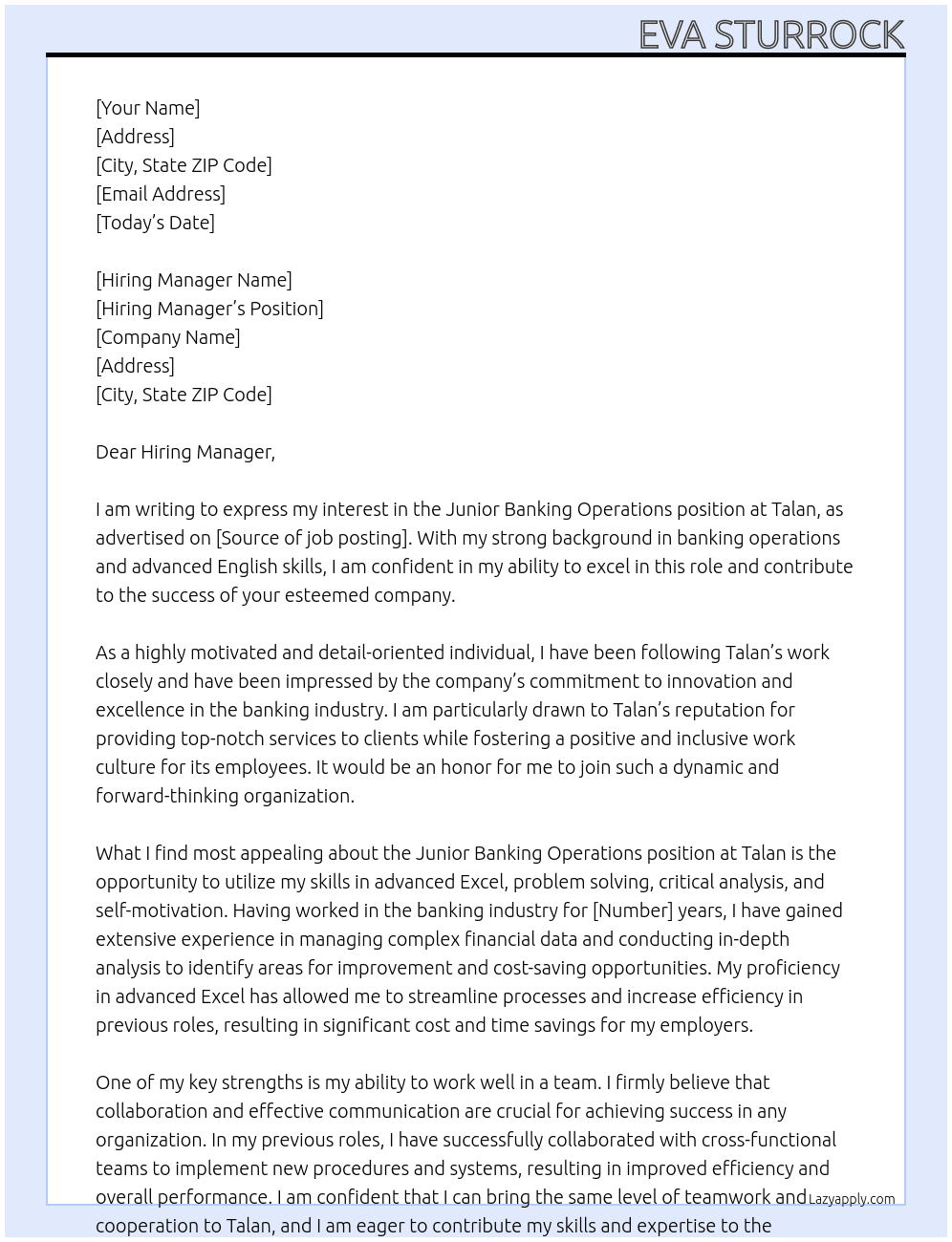Junior Banking Operations with English At Talan Cover Letter