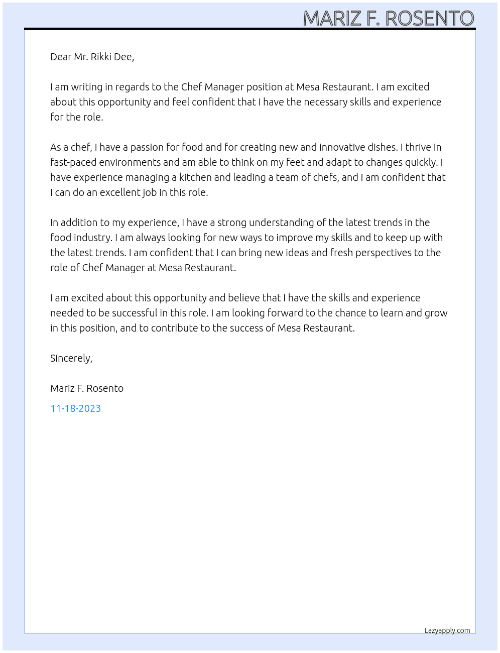 Chef manager At Mesa Restaurant Cover Letter
