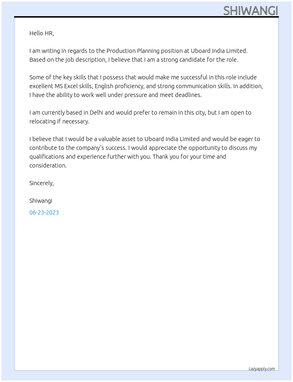 Production planning At Uboard India limited Cover Letter