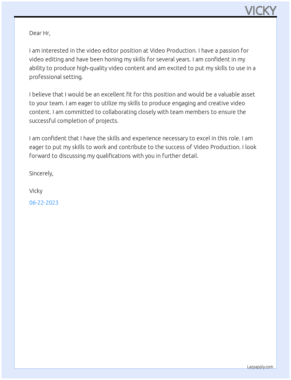 video editor At Video Production Cover Letter