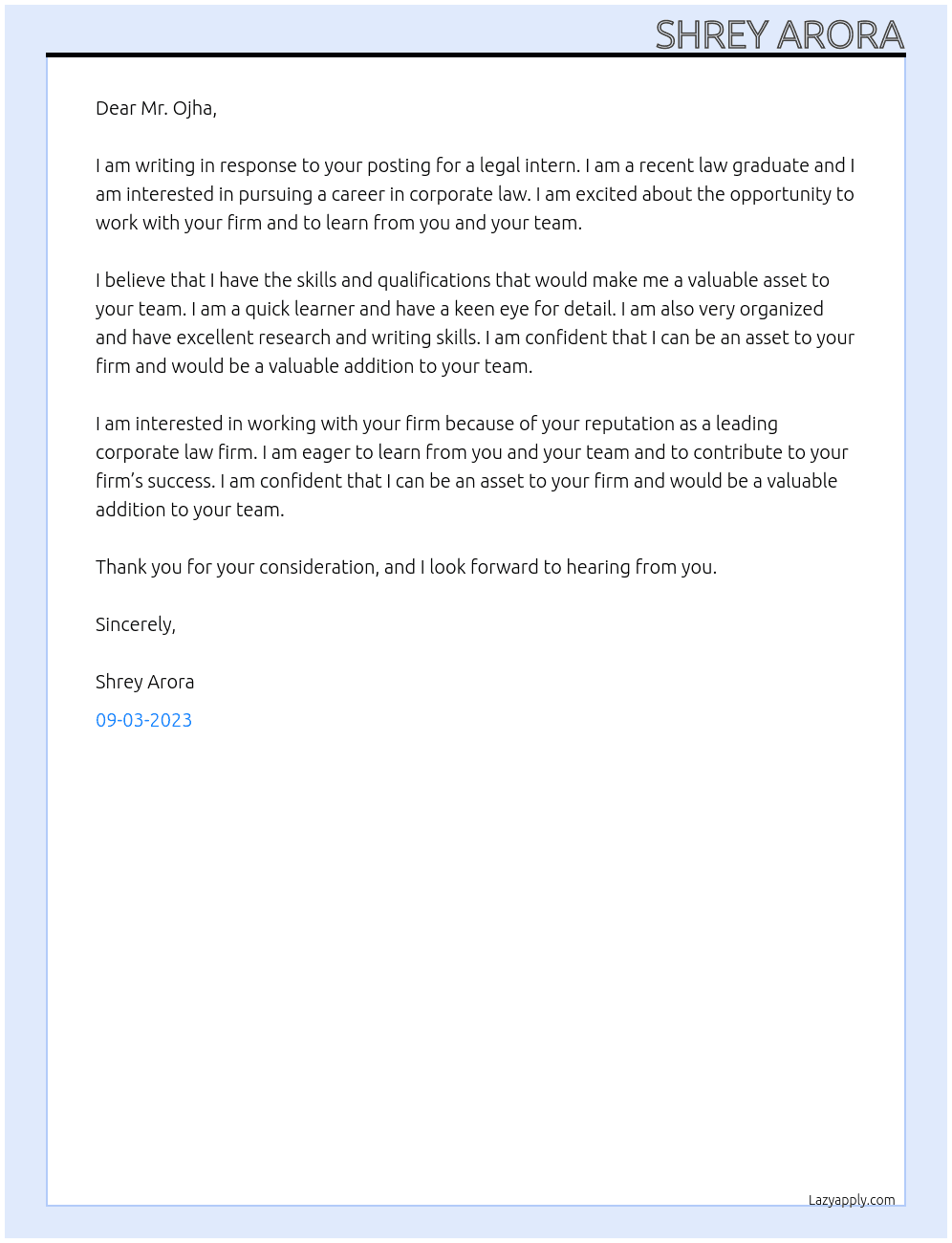 legal intern At Rajat Ojha And Associates Cover Letter