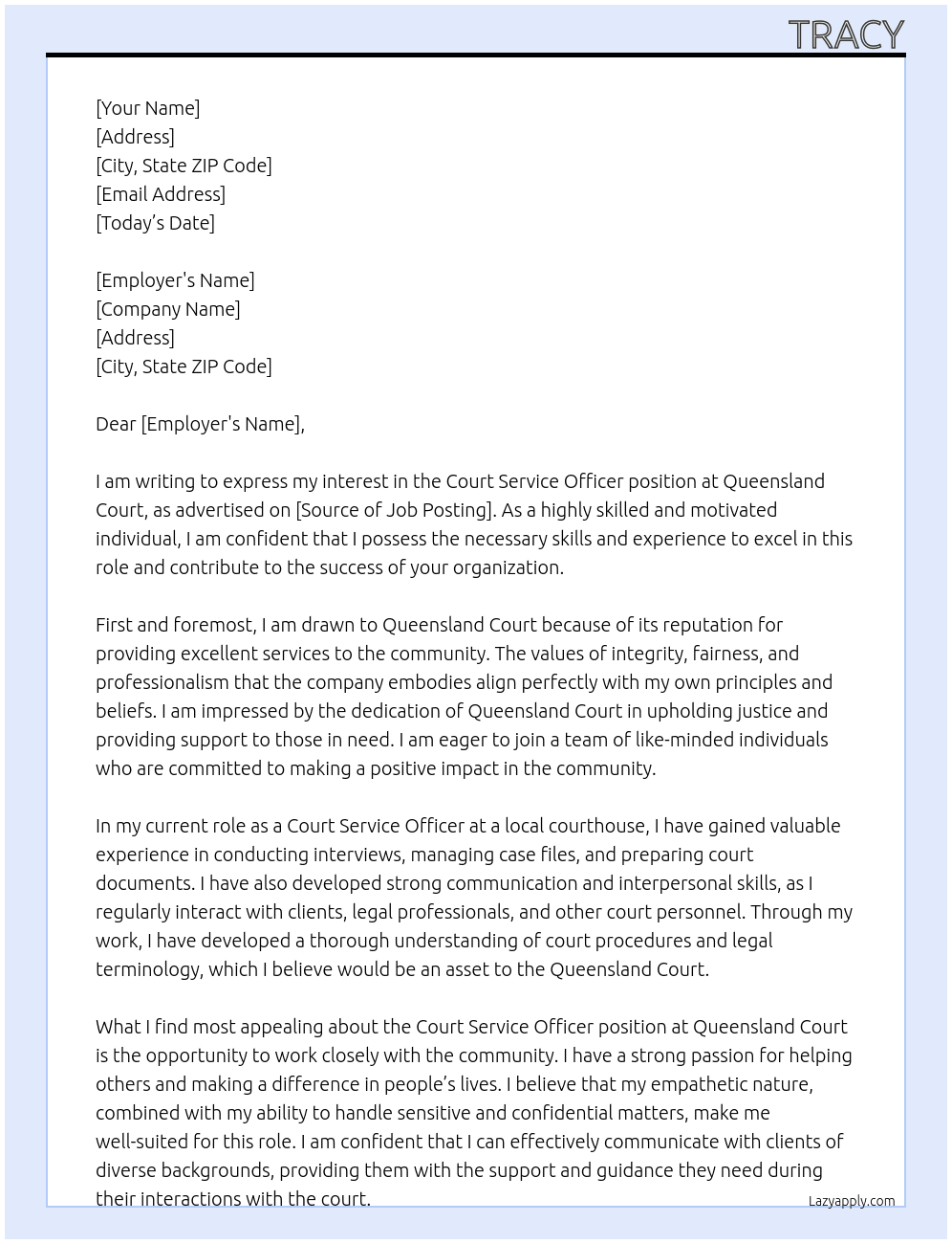 court service officer At Queensland court Cover Letter