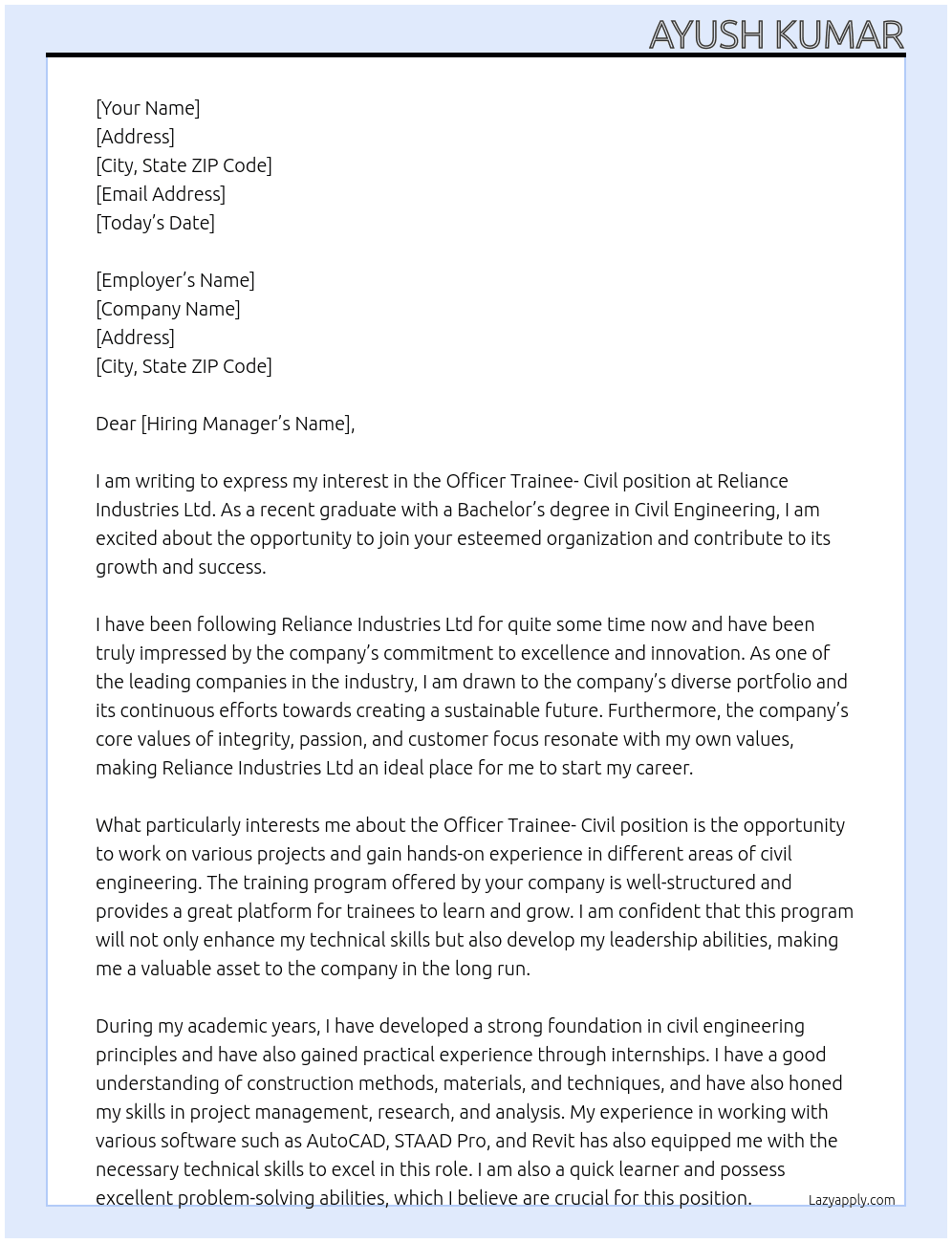 Officer Trainee- Civil At Reliance Industries Ltd Cover Letter