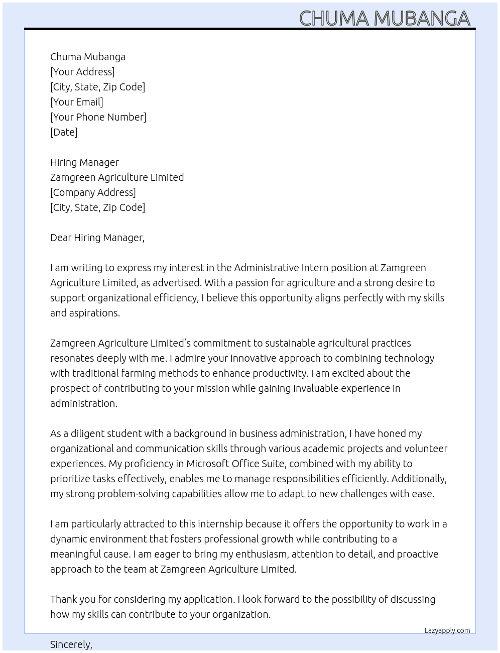 Administrative intern  At Zamgreen Agriculture Limited Cover Letter