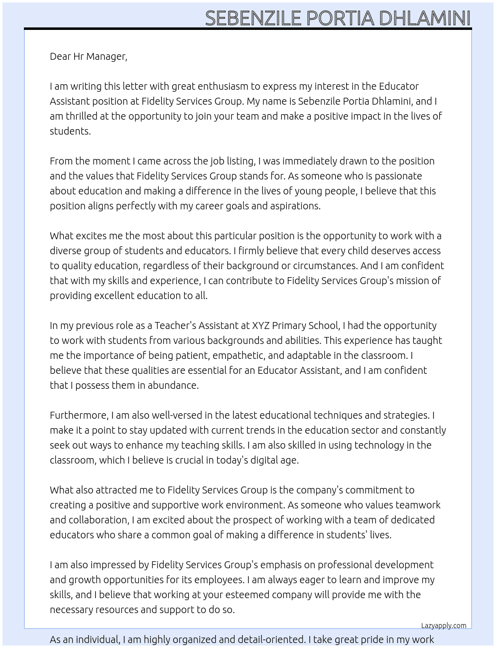 Educator Assistant  At fidelity Services Group Cover Letter